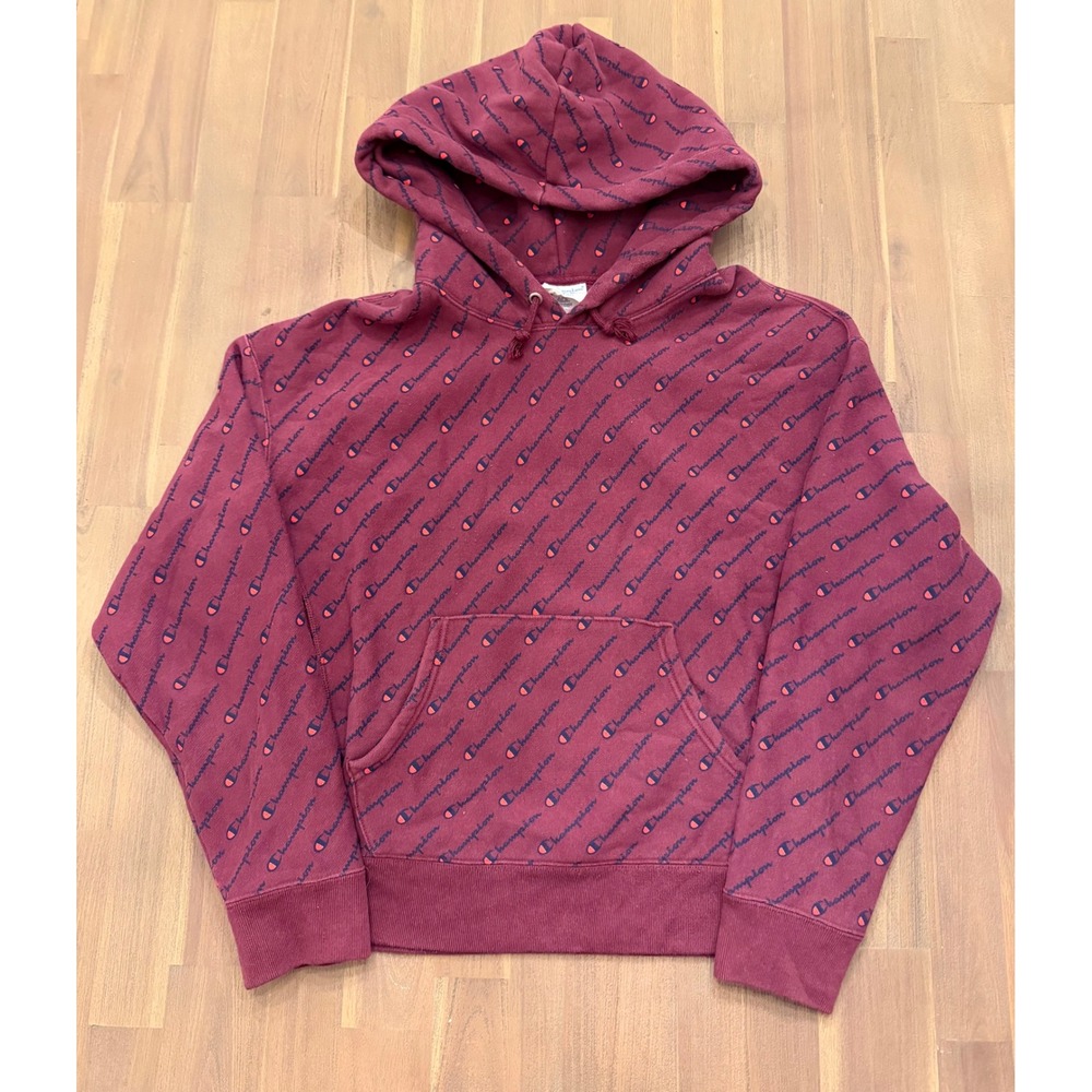 Champion Reverse Weave All Over Logo Hoodie Burgundy Large Hoodie